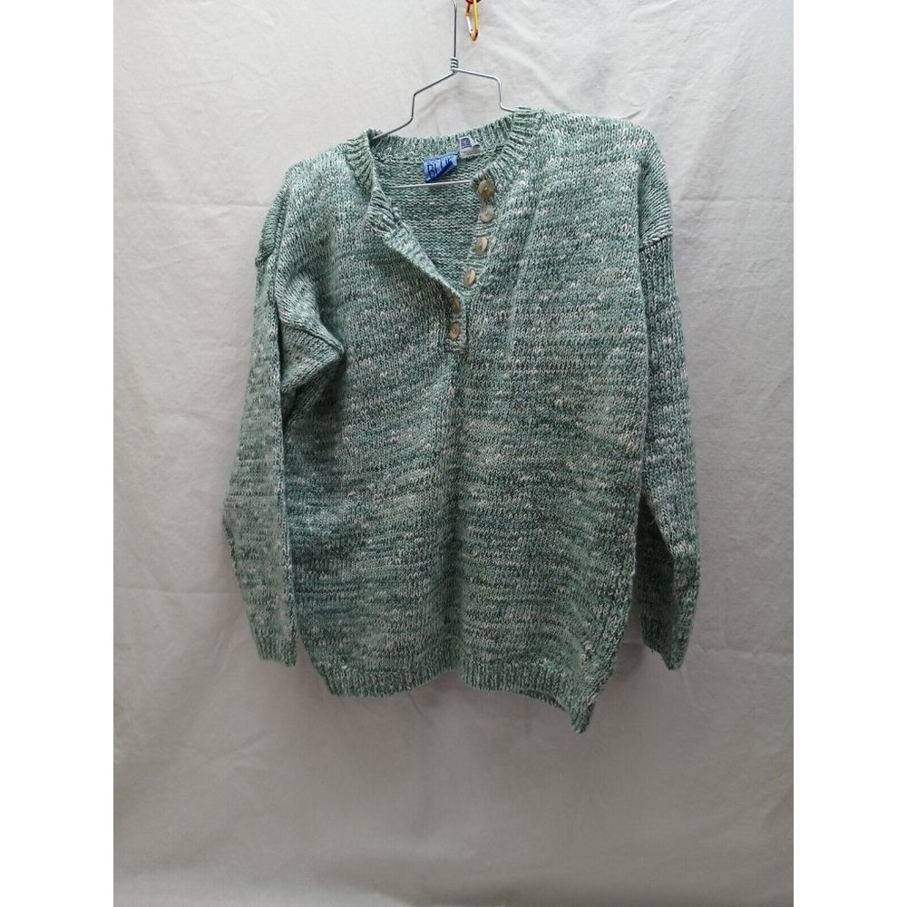 Beyond Blue Sz Medium 1/4 Button Green Pullover Knit Sweater